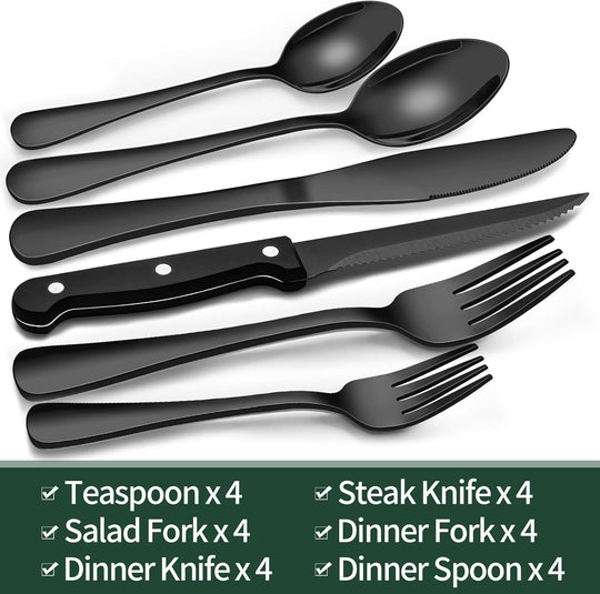 24-delige Bestekset voor Vier Personen met Steakmessen - Modern Zwart Bestek Set 6