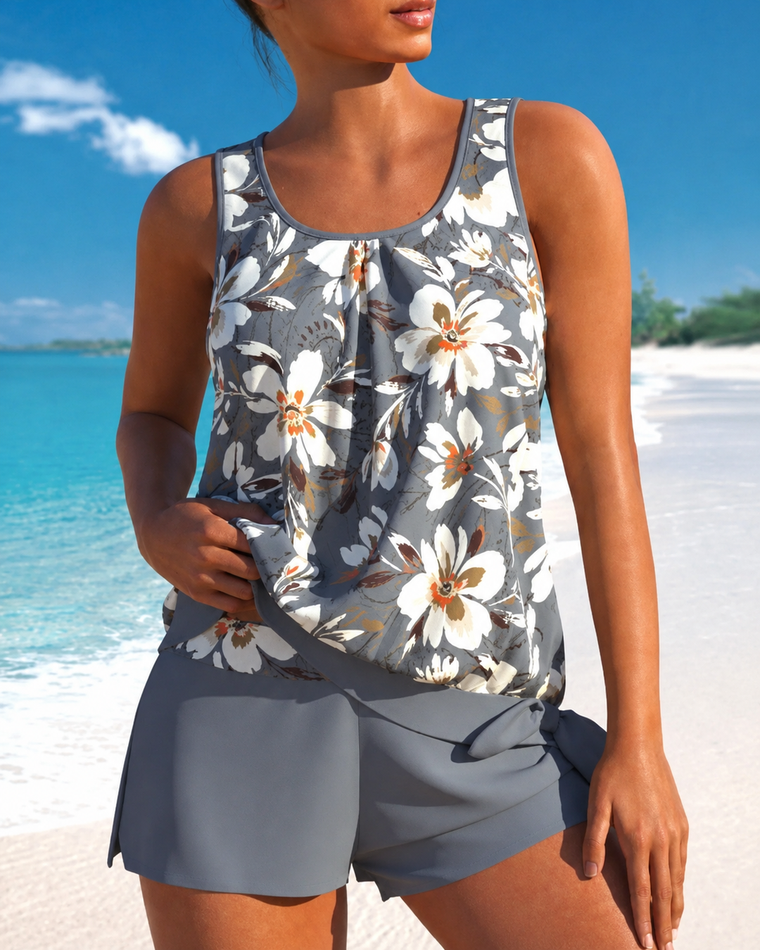 Dames Tankini Set met Bloemenprint en Tweekleurig Design