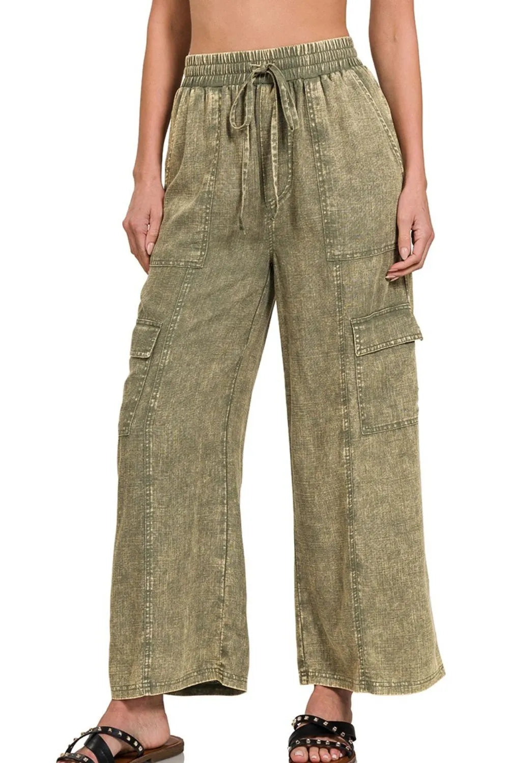 Dames Cargo Broek van Gewassen Linnen met Elastische Tailleband 0