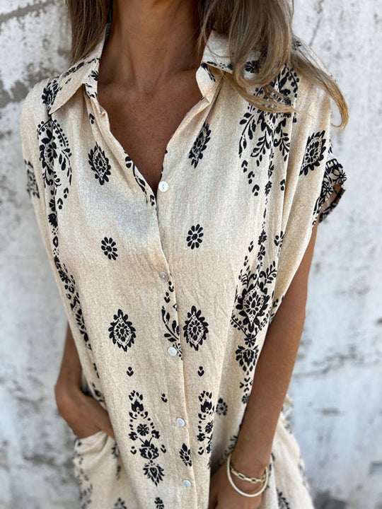 Dames Casual Korte Mouwen Linnen Shirt Met Zak 1