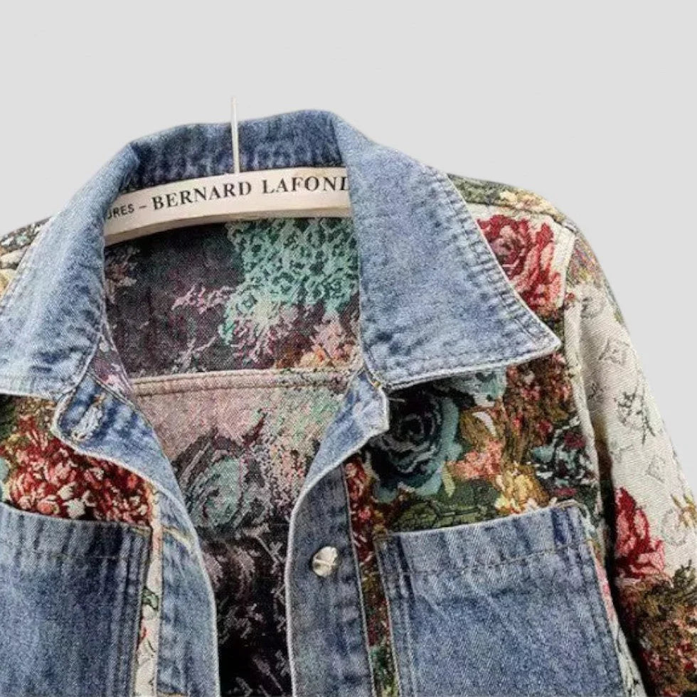 Dames Denim Jack met Bloemenpatchwork Boho-stijl 1