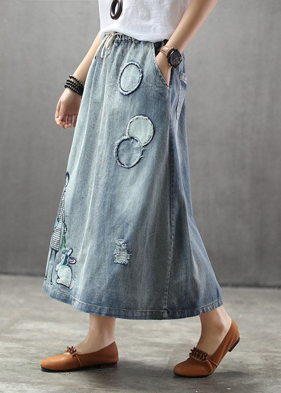 Dames Denim Rok met Elastische Taille en Geborduurde Details 4