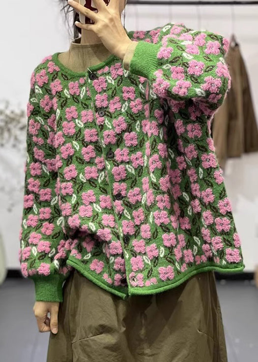 Dames Gebreide Jas met Bloemenprint en Lange Mouwen 1