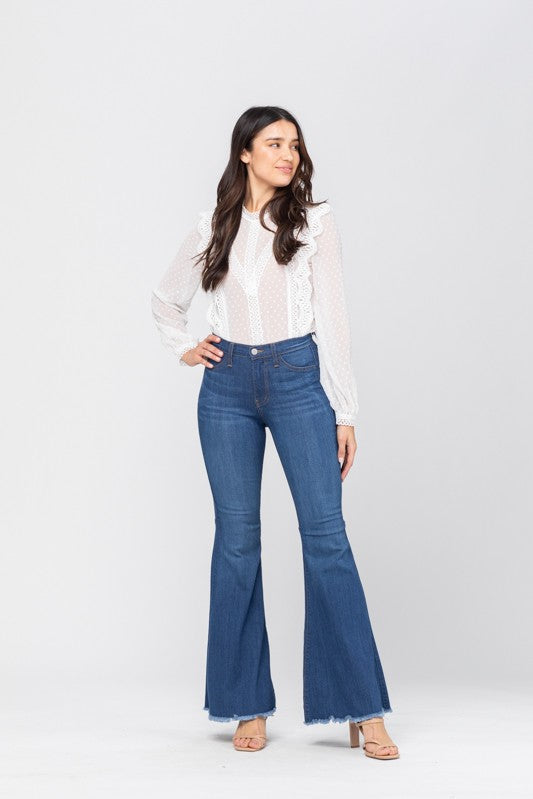 Dames Hoge Taille Super Flare Jeans Medium Blauw 1