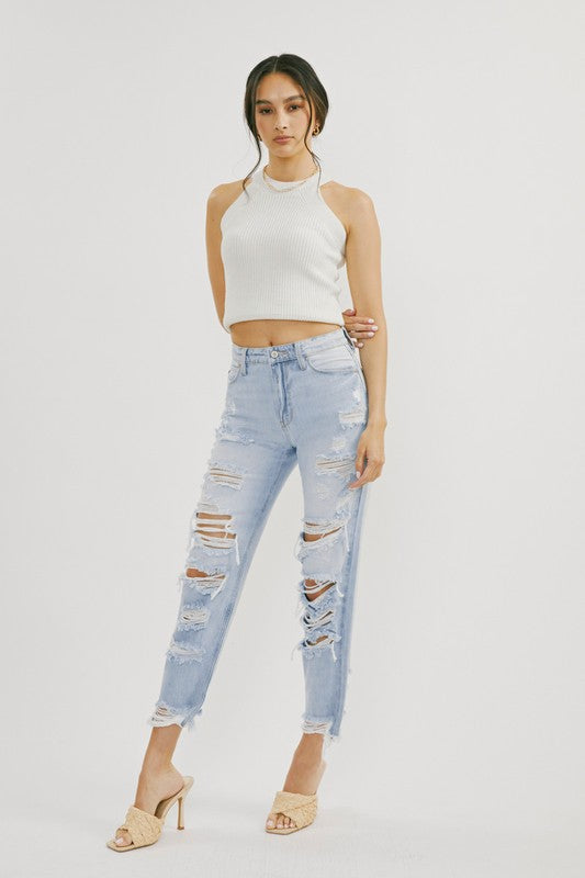Dames Hoge Taille Versleten Jeans Licht Denim 1