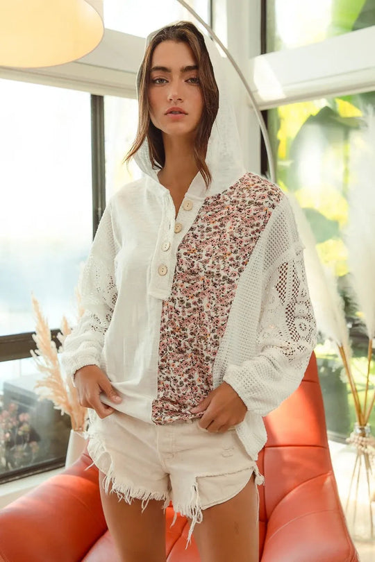 Dames Hoodie Top Knoop Kantdetail Slub Jersey 1