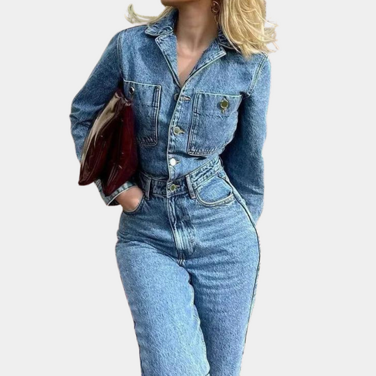 Dames Jumpsuit Spijker Denim Stijl Met Lange Mouwen 1