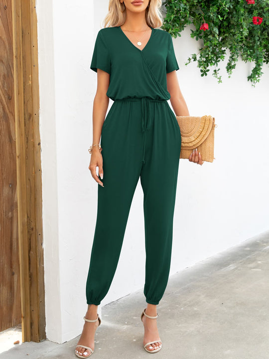 Dames Jumpsuit met Korte Mouwen V-Hals en Zakjes 11