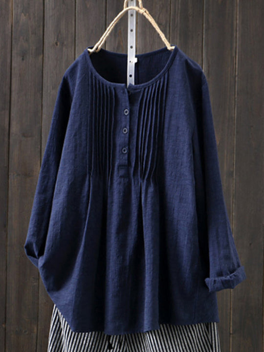 Dames Langsleeve Shirt Ronde Hals Geplooid Katoen Linnen 4