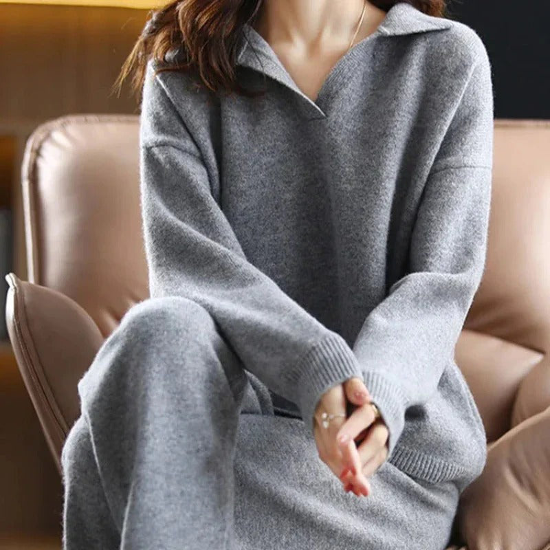Dames Loungewear Set Katoenmix Relaxed Fit Met Omgeslagen Kraag 5