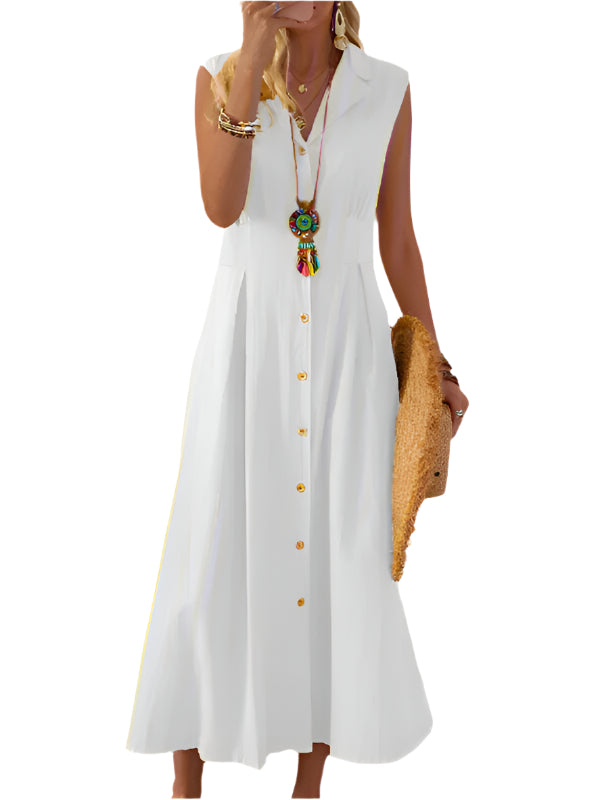 Dames Mid-Length Jurk Met Lape Collar Van Katoen En Linnen 0