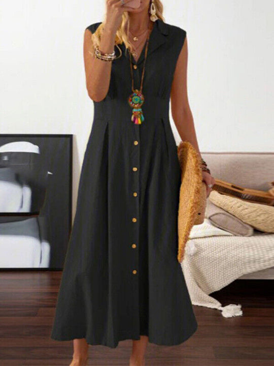 Dames Mid-Length Jurk Met Lape Collar Van Katoen En Linnen 4