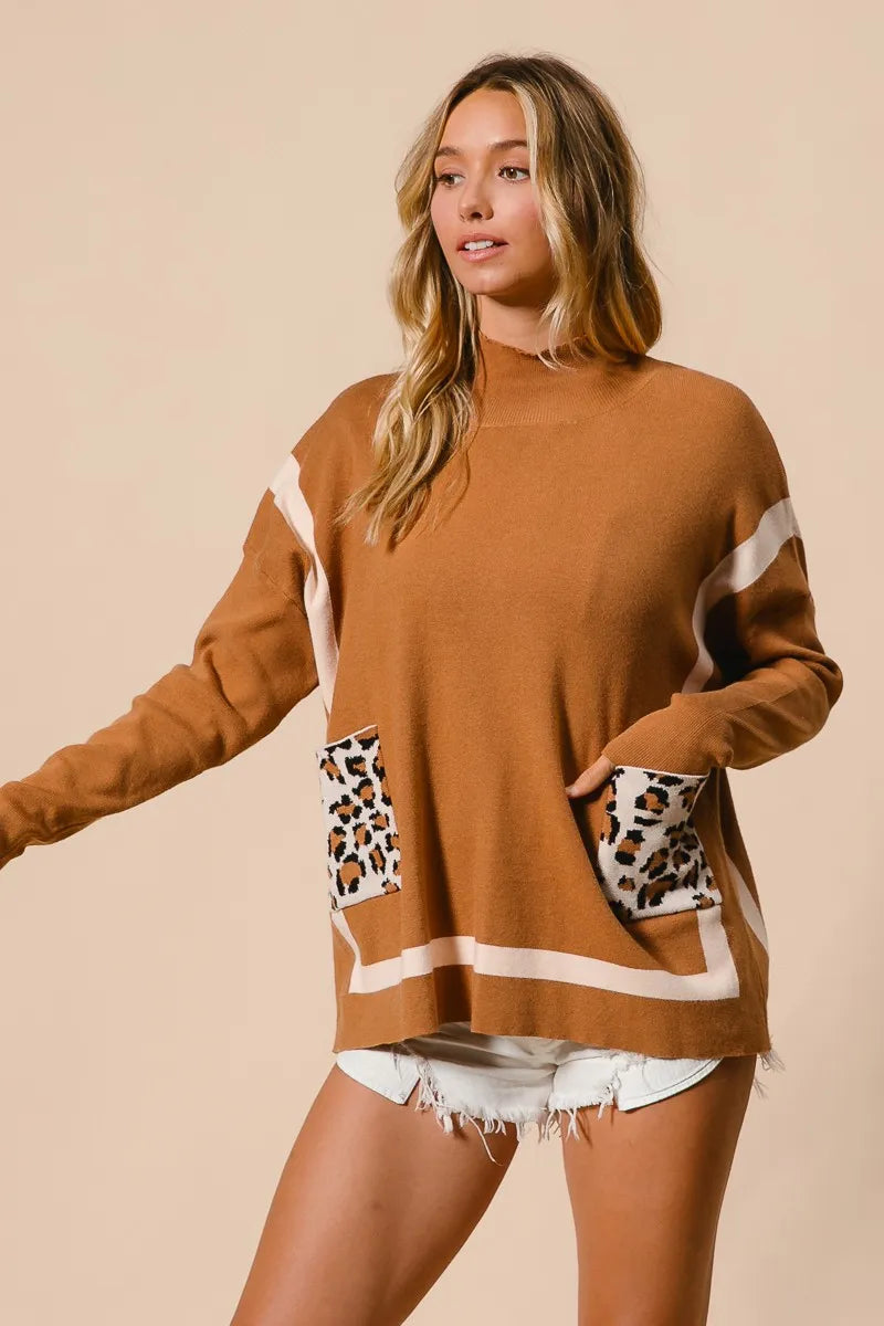 Dames Mock Neck Trui met Luipaardprint Zak 6