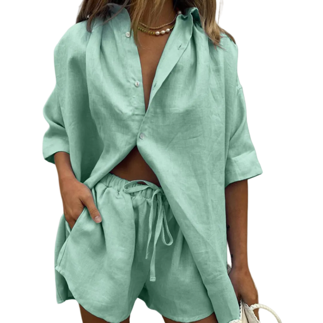 Dames Set Comfy Oversized Katoen Hemd en Short 0