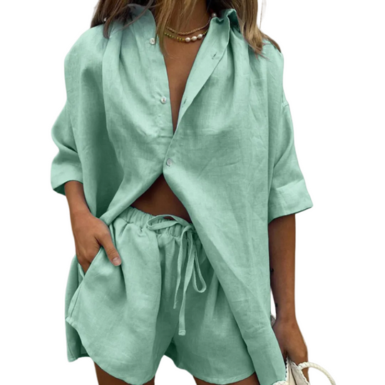 Dames Set Comfy Oversized Katoen Hemd en Short 0