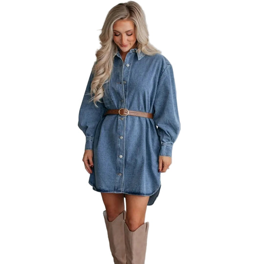 Dames Shirtjurk Met Lange Mouwen Denim Casual Style 0