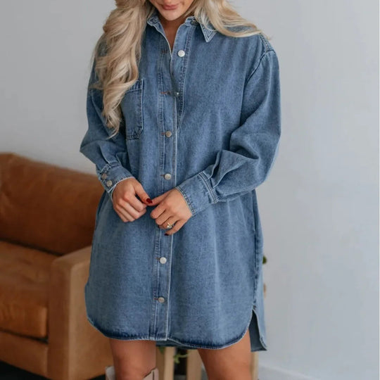 Dames Shirtjurk Met Lange Mouwen Denim Casual Style 1
