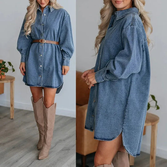 Dames Shirtjurk Met Lange Mouwen Denim Casual Style 2