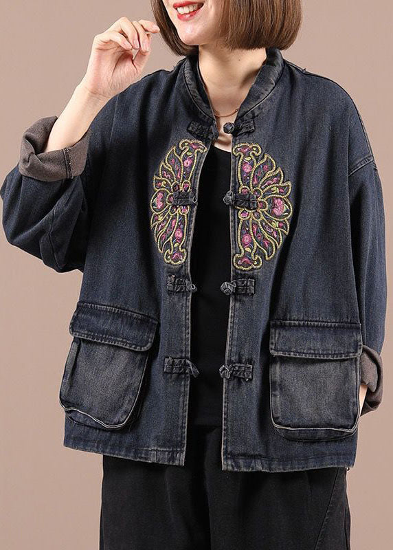 Dames Spijkerjasje Oversized met Geborduurde Zakken Boho Stil 2