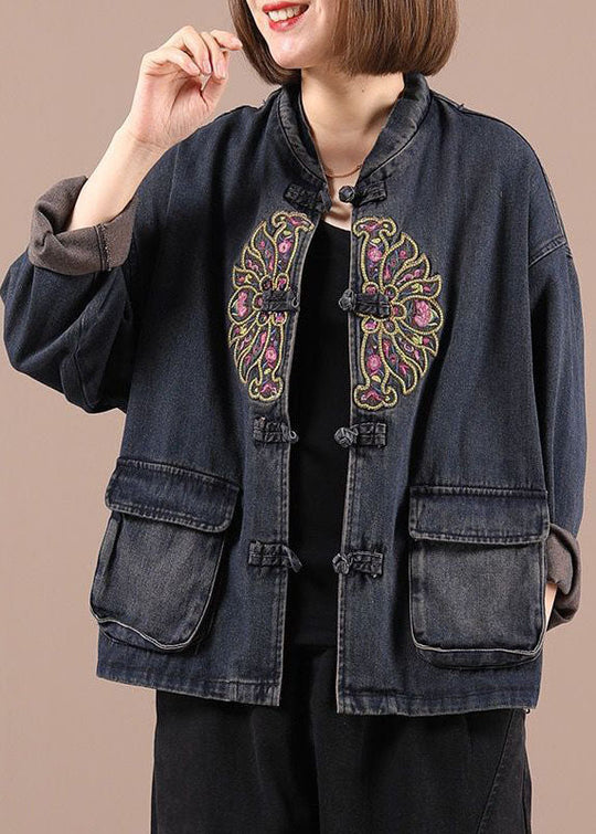 Dames Spijkerjasje Oversized met Geborduurde Zakken Boho Stil 2