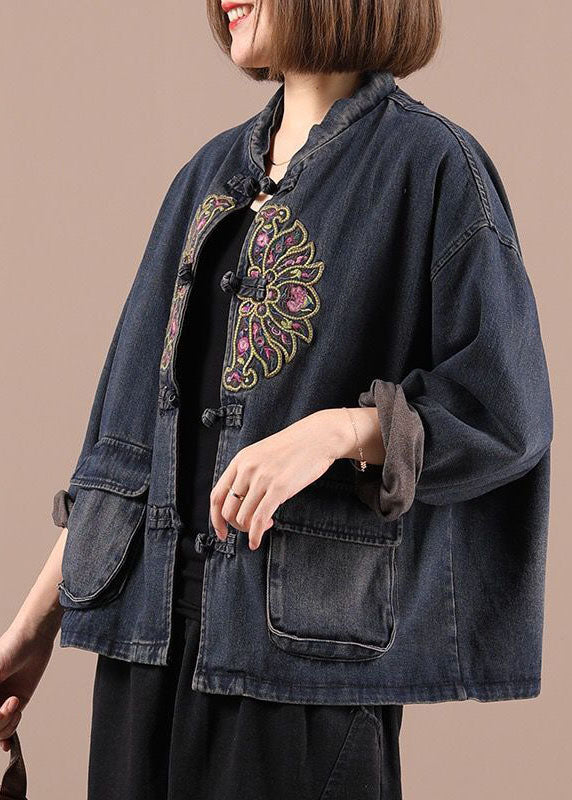 Dames Spijkerjasje Oversized met Geborduurde Zakken Boho Stil 3