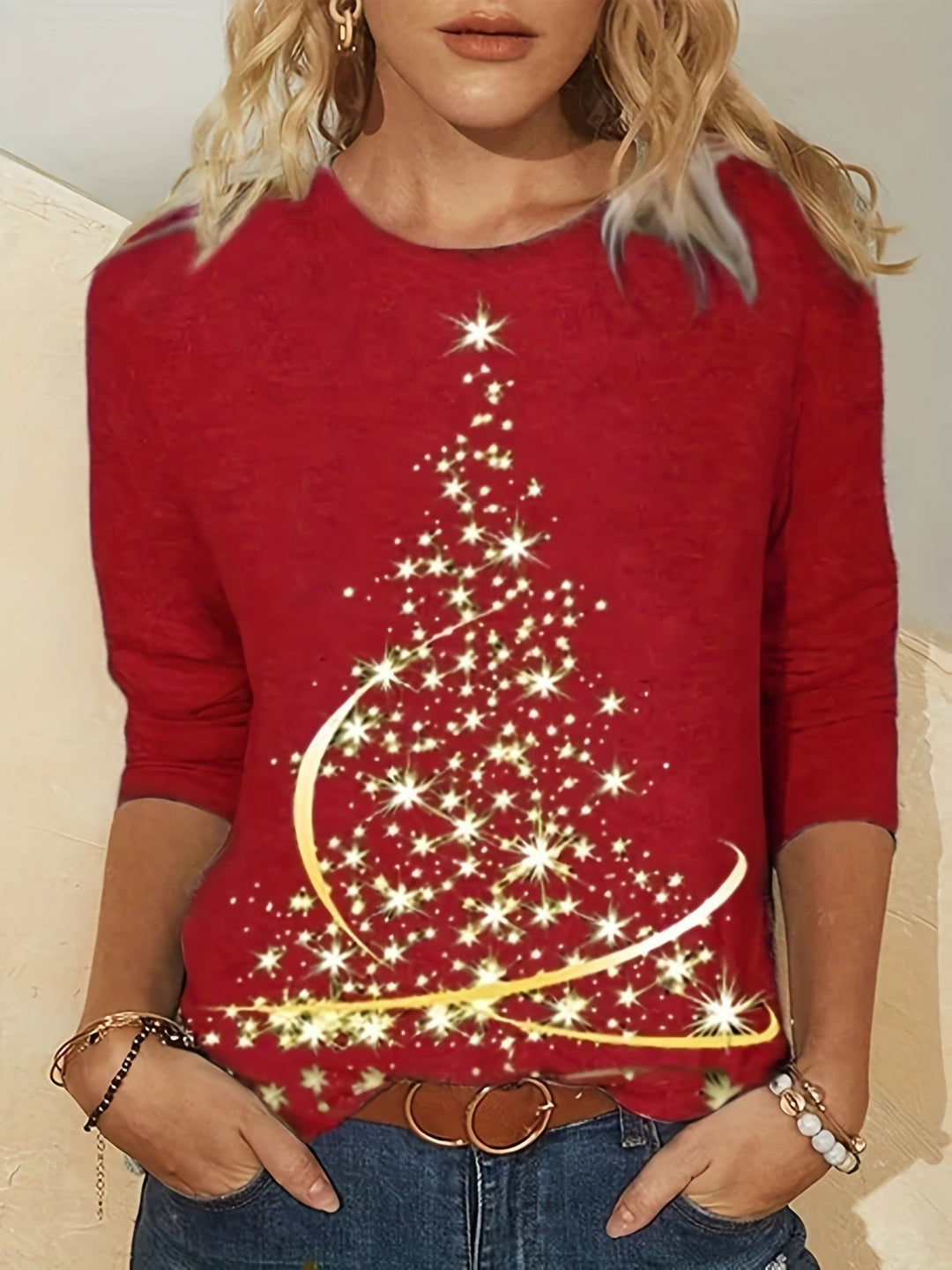 Dames T-shirt met Lange Mouwen en Kerstboommotief 2