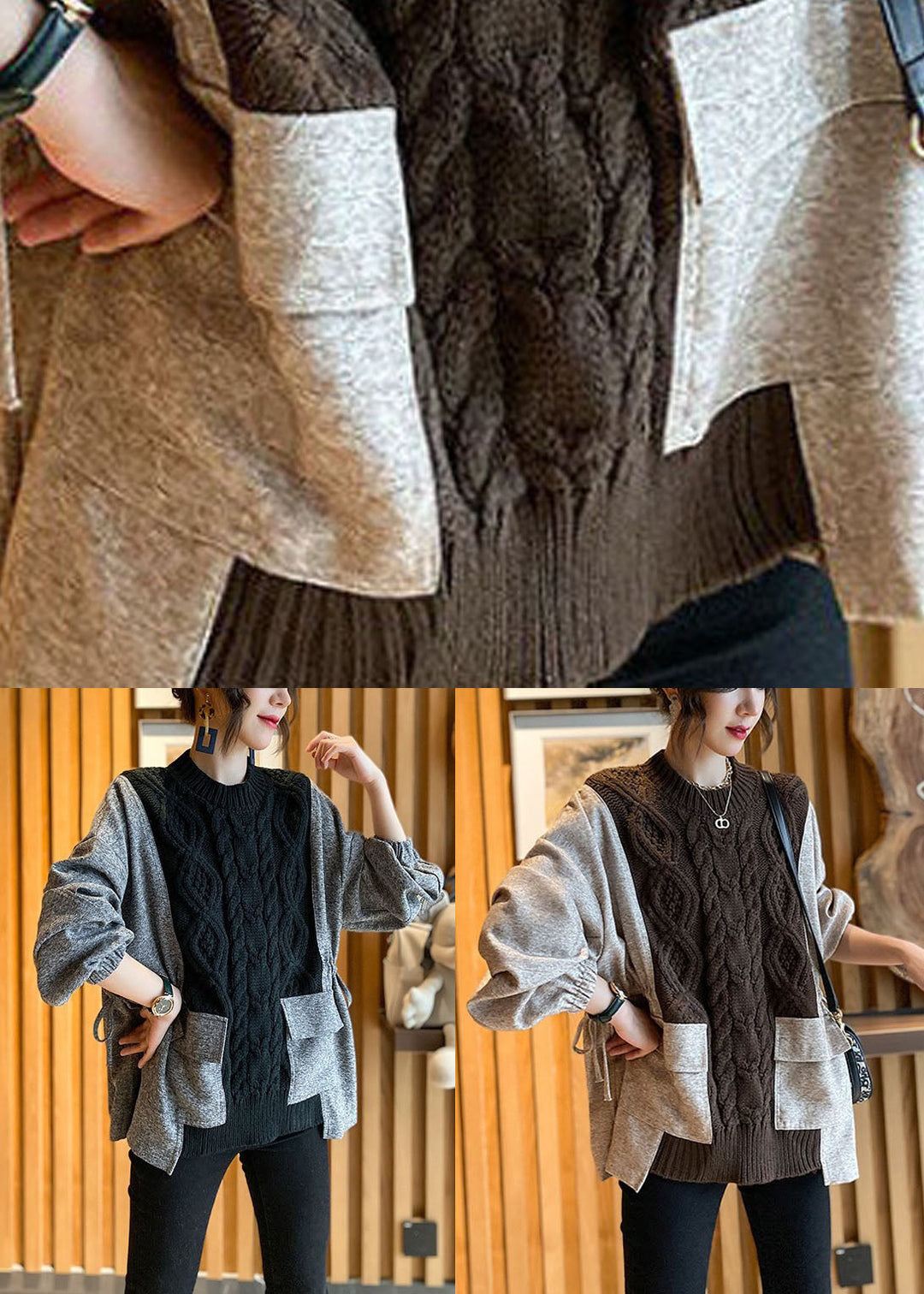Dikke Gebreide Trui met Patchwork Design voor Dames 4