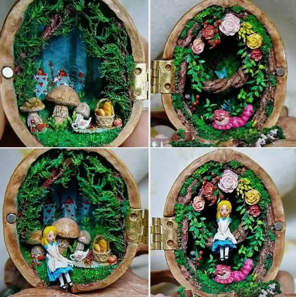 Handgemaakt Poppenhuis Walnootschelp met Binnenverlichting 2