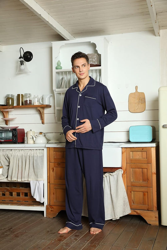 Heren Pyjama Set Lange Mouwen Klassiek Met Zijzakken 3