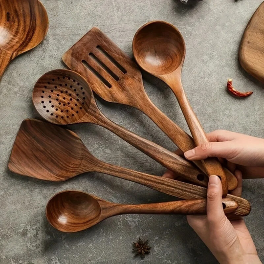 Houten Pannenset 5-delig voor Koken en Serveren 0