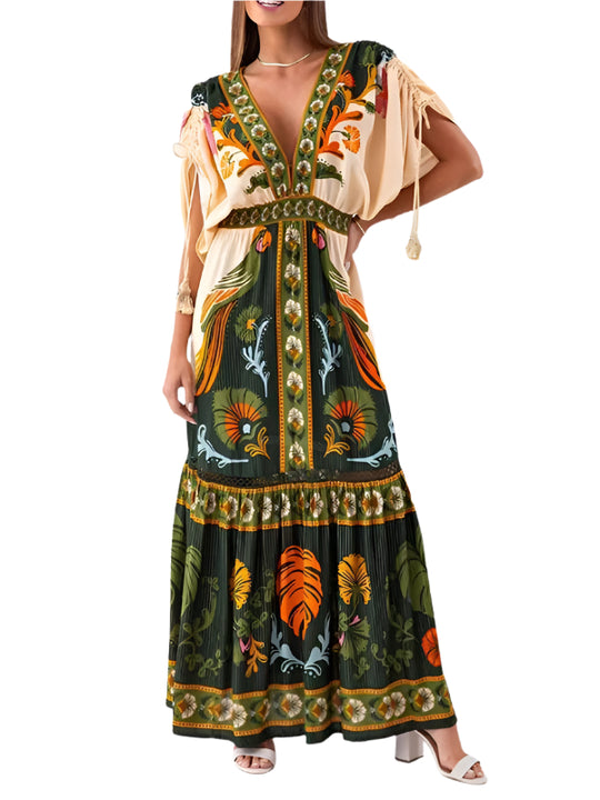 Lange Jurk Dames V-hals Volledige Print Linnen Zomer Kleding Dames 0