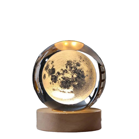 Lichtgevende Maan Kristallen Bol met Houten Basis 18