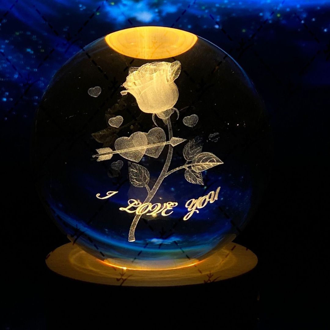 Lichtgevende Maan Kristallen Bol met Houten Basis 27