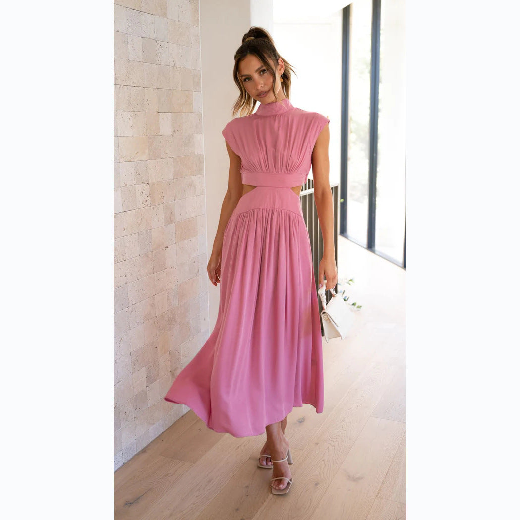 Dames Maxi Jurk met Mock Hals en Vloeiende Stof voor Zomerstijl