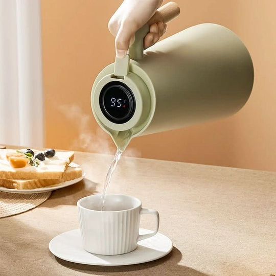 Thermosfles 1 Liter met Temperatuurdisplay en Houten Handvat, Beste Thermosfles voor Warme en Koude Dranken 1