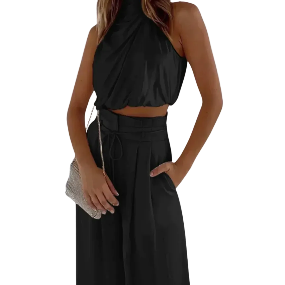 Tweedelige Set Dames Chic Drapé Stijl Met Cropped Top En Wijde Pantalons 0