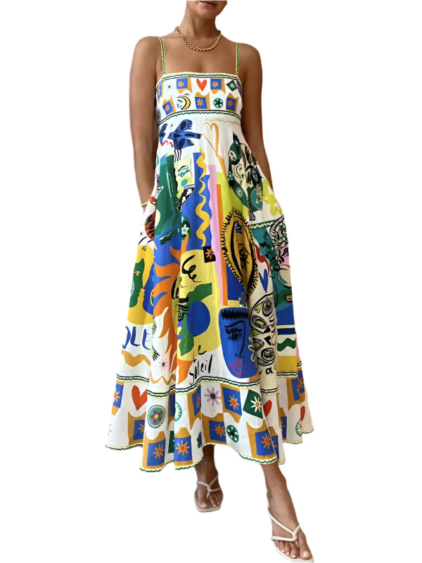 Vrouwen Maxi Jurk Vierkante Hals Spaghetti Bandjes Botanische Graffiti Print 0