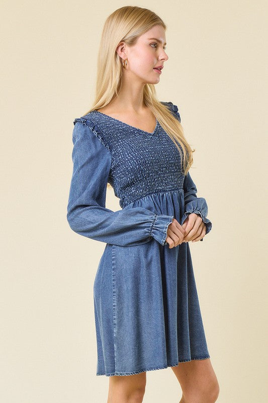 Vrouwen Mini Jurk V-Hals Geraffineerd Denim 2