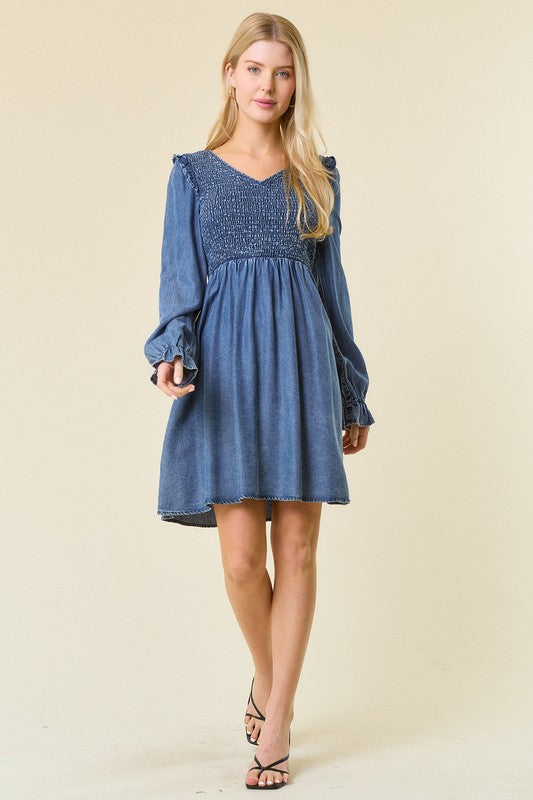 Vrouwen Mini Jurk V-Hals Geraffineerd Denim 4