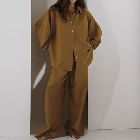 Vrouwen Twee-Piece Set Oversized Linnenmix Met Button-Down Shirt En Wijde Broek 4