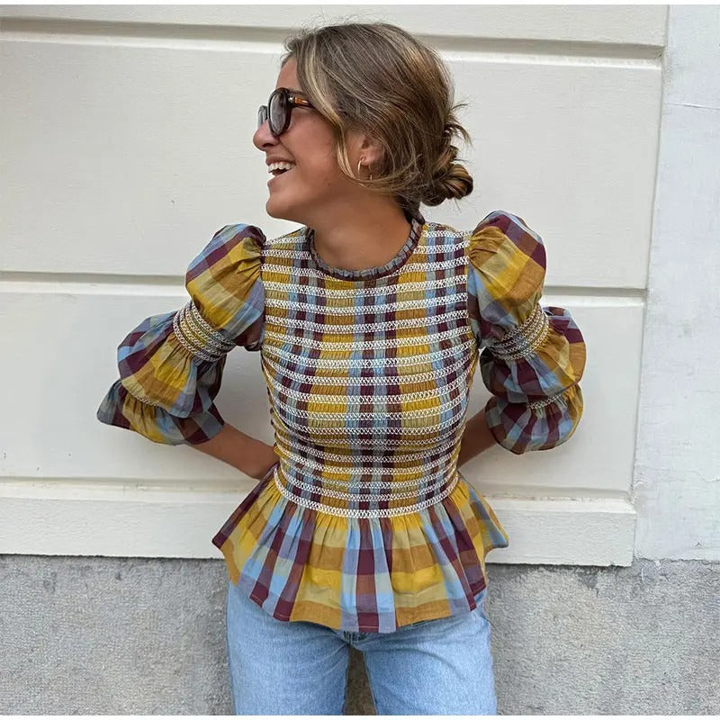 Dames geruite pofmouw T-shirt