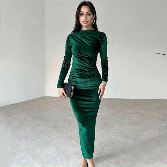 Dames fluwelen midi-jurk met lange mouwen