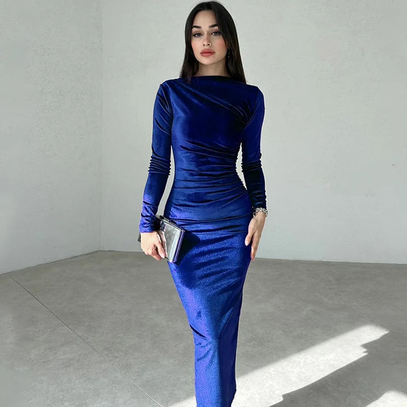 Dames fluwelen midi-jurk met lange mouwen