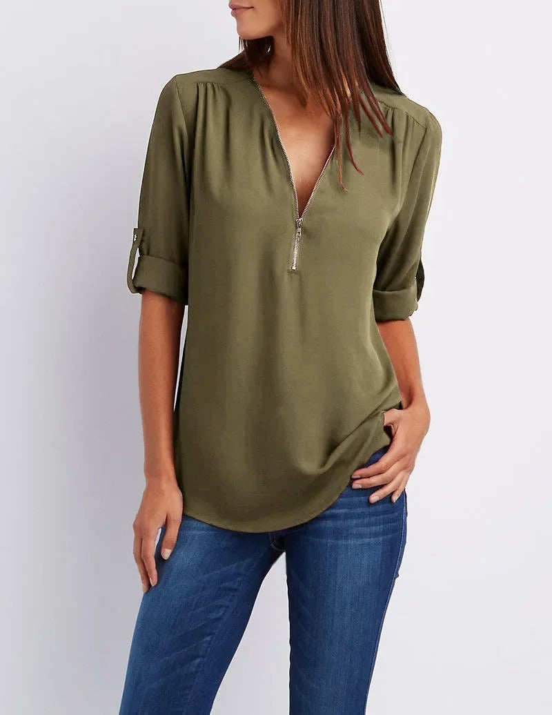 Vrouwen blouse met diepe V-hals chiffon stijl