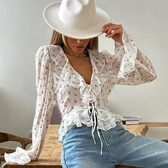 Damesblouse met V-hals en chiffon stijl print