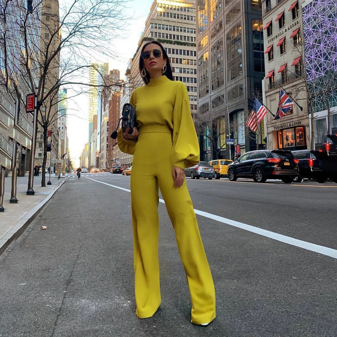 Jumpsuit met hoge taille en lantaarnmouwen