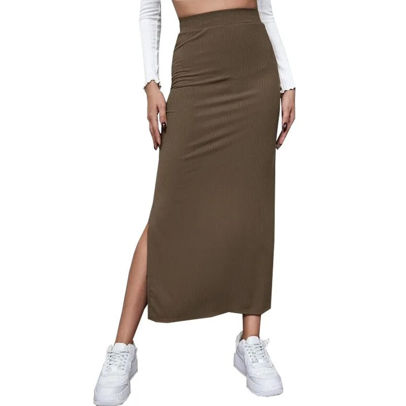 Dames hoge taille geribbelde splitrok