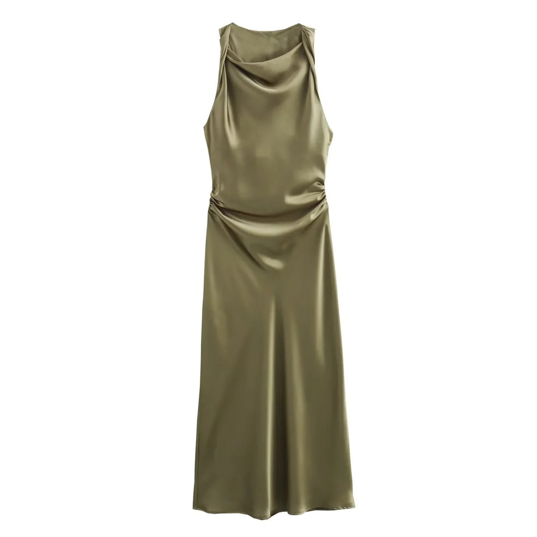 Dames Satijnen Slip Midi Jurk
