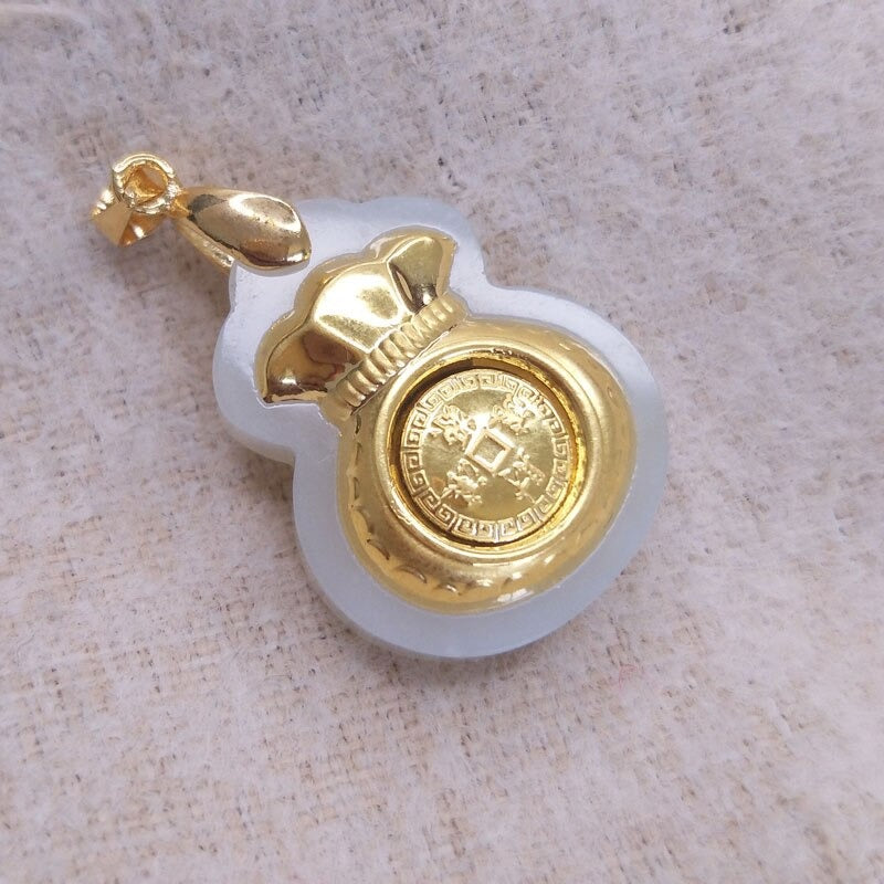 Natural Hetian White Jade Fu Bag Pendant Fashion Inlay 24K Gold Lady Lucky Jewelry Necklace Pendant Gift Free Box Certificate Belleza