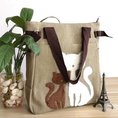 Kat Geborduurde Canvas Tas Belleza